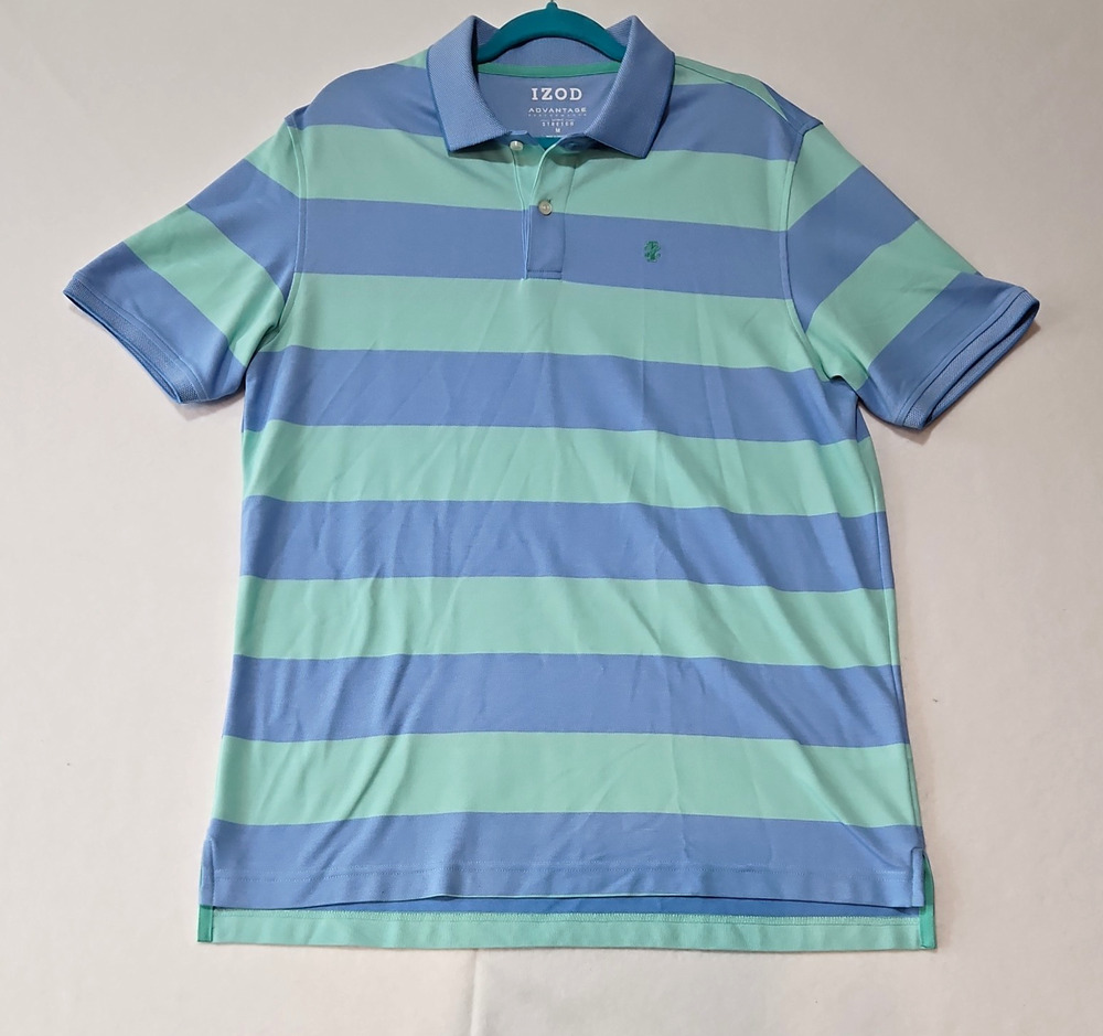IZOD Advantage Performance Men's M Blue/Green Striped Stretch Knit Polo Shirt